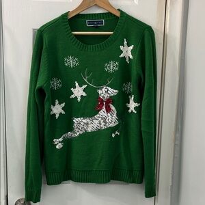 Karen Scott Green Sweater with Reindeer and Snowflakes
